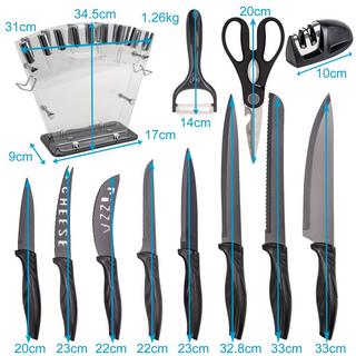 Intirilife Set de 17 couteaux de cuisine avec bloc à couteaux et aiguiseur Éplucheur multifonctionnel Ciseaux et couteaux  