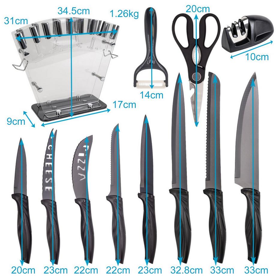 Intirilife Set de 17 couteaux de cuisine avec bloc à couteaux et aiguiseur Éplucheur multifonctionnel Ciseaux et couteaux  