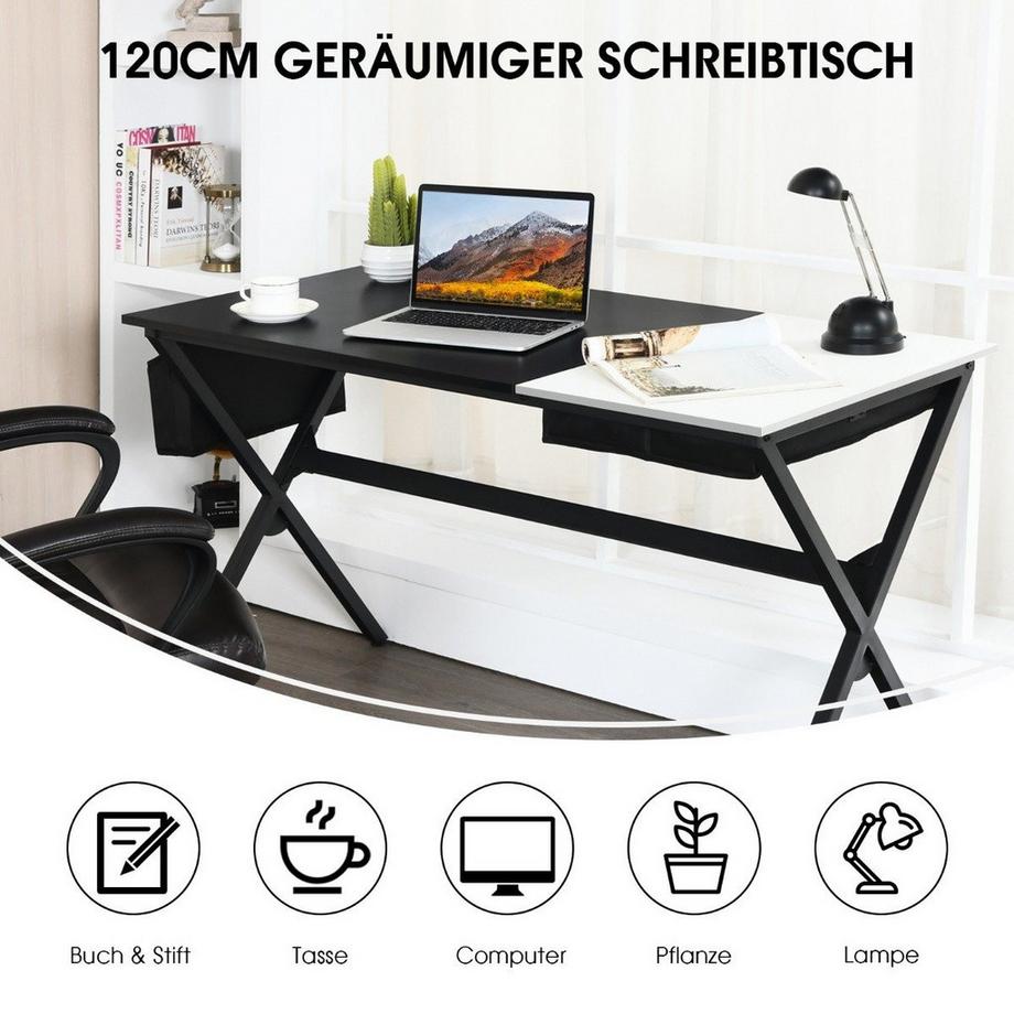 Northio 120 cm langer Schreibtisch mit Würfelschublade & Seitentasche Computertisch Schwarz+ Weiß  