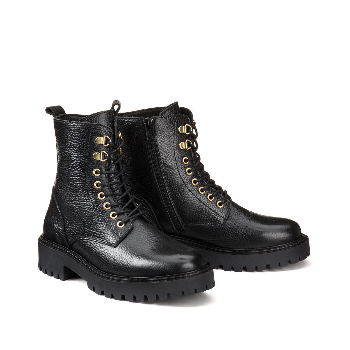 Image of Lederboots Mit Schnürung Und Profilsohle Damen Schwarz 36