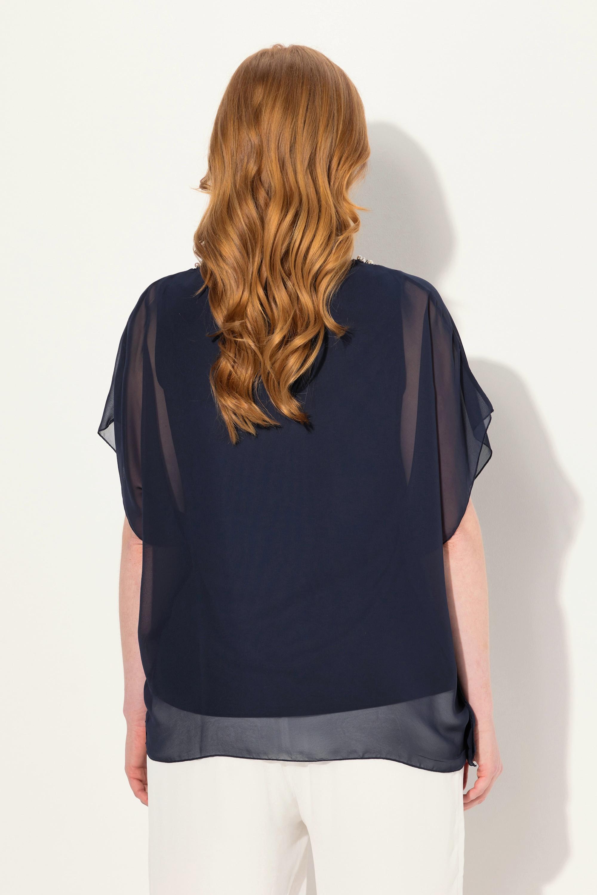 Ulla Popken  Blusa a doppio strato di chiffon con scollo a V e mezze maniche 