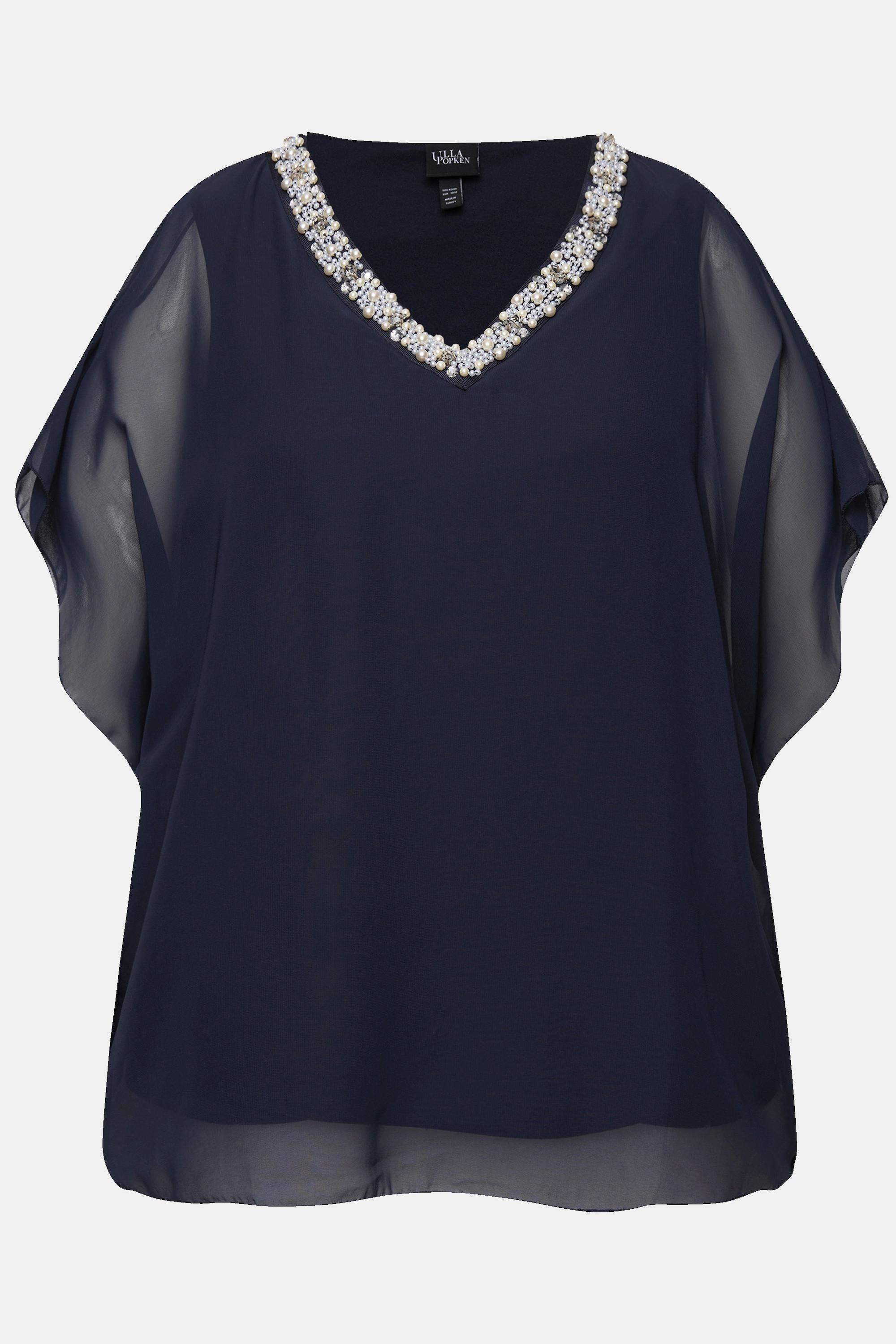 Ulla Popken  Blusa a doppio strato di chiffon con scollo a V e mezze maniche 