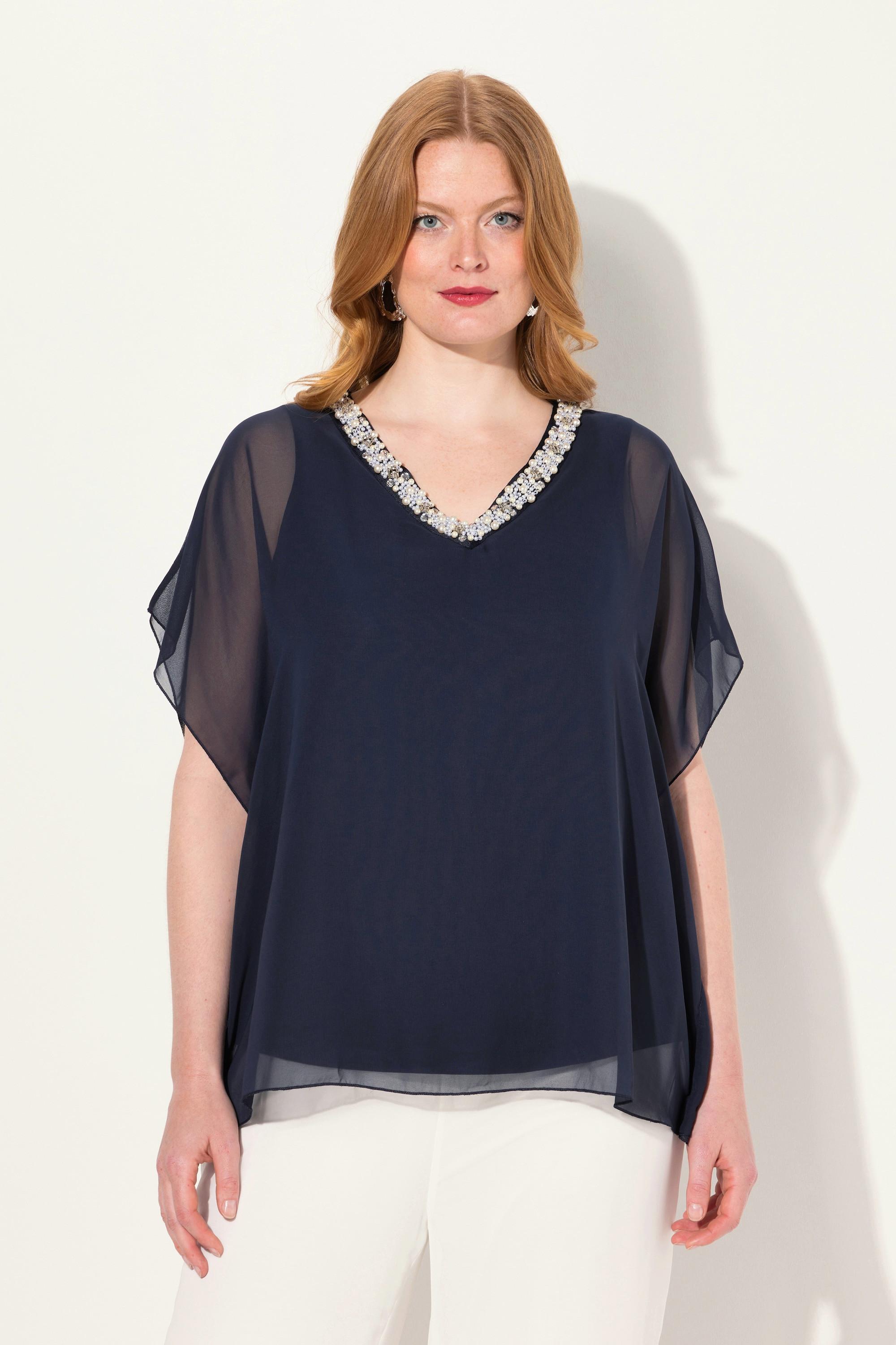 Ulla Popken  Blusa a doppio strato di chiffon con scollo a V e mezze maniche 