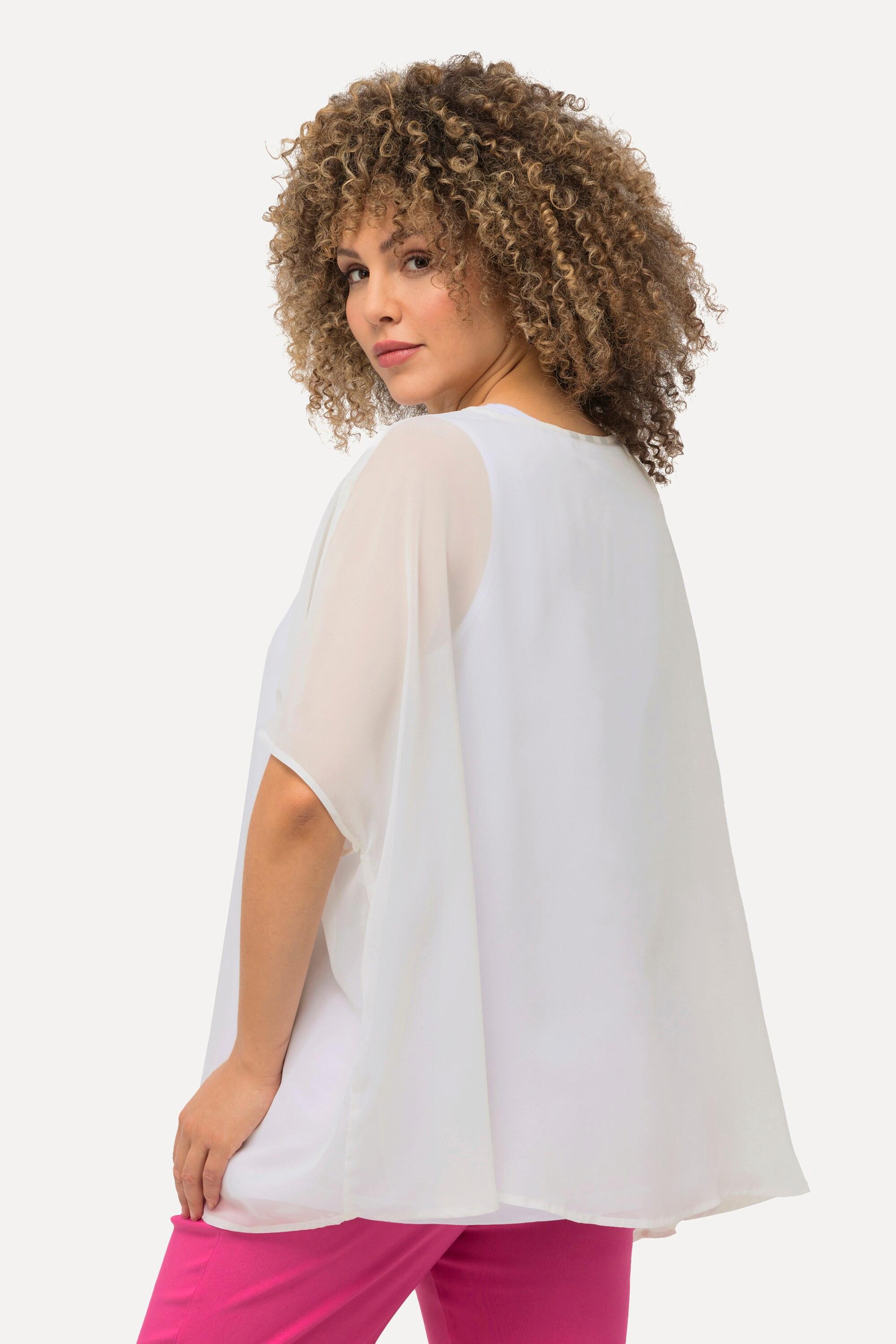 Ulla Popken  Blusa di chiffon dal taglio oversize con scollo rotondo e mezze maniche 