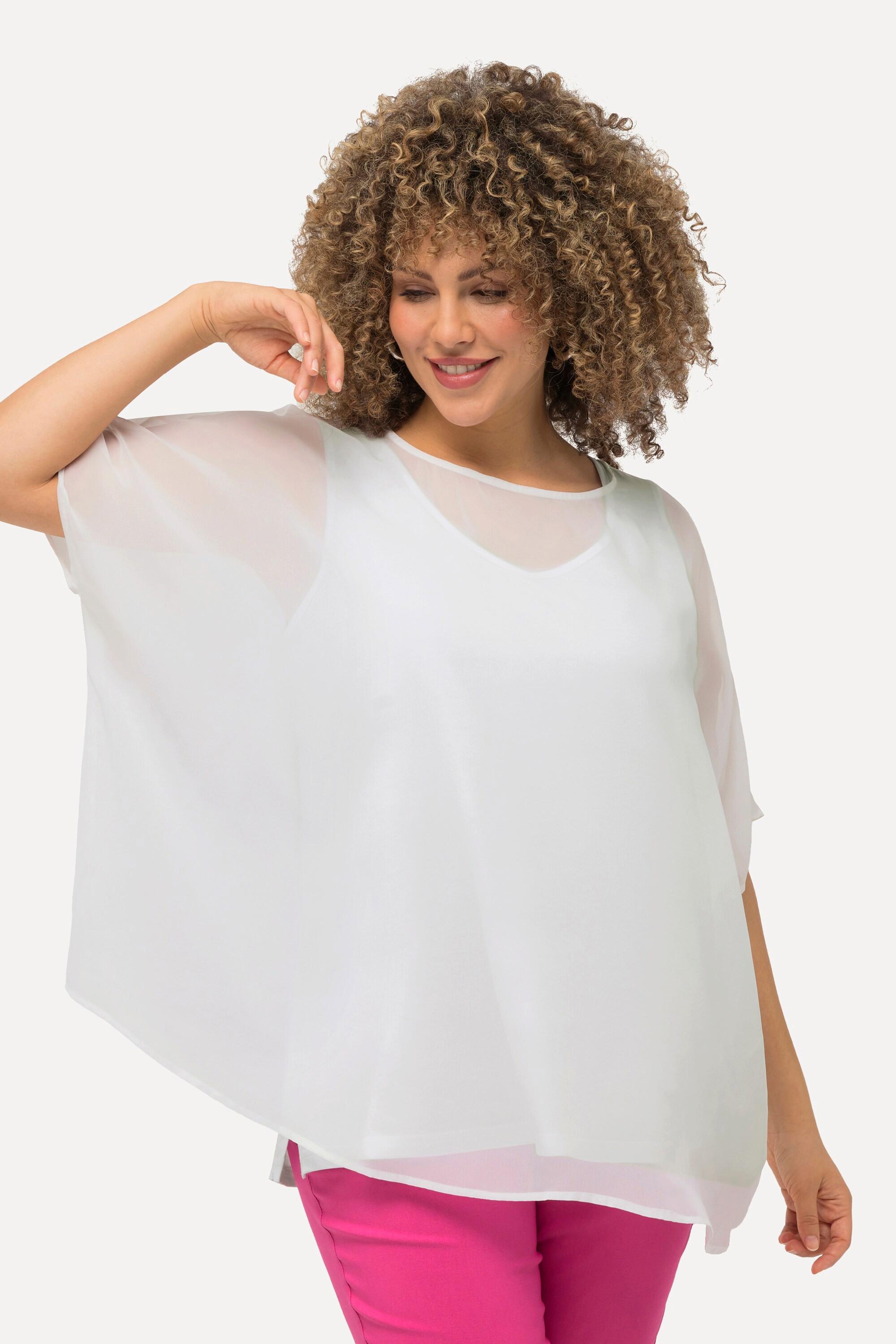 Ulla Popken  Blusa di chiffon dal taglio oversize con scollo rotondo e mezze maniche 