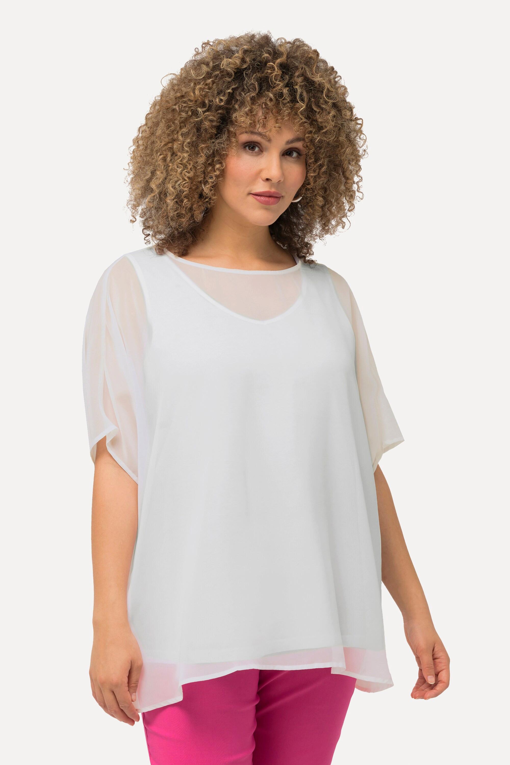 Ulla Popken  Blusa di chiffon dal taglio oversize con scollo rotondo e mezze maniche 