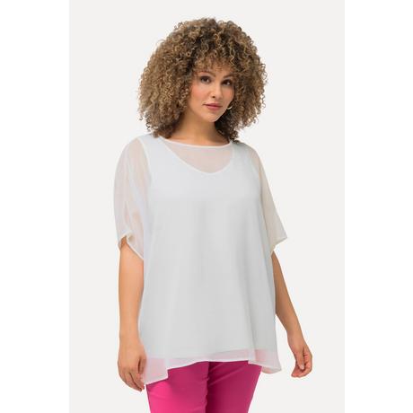 Ulla Popken  Blusa di chiffon dal taglio oversize con scollo rotondo e mezze maniche 