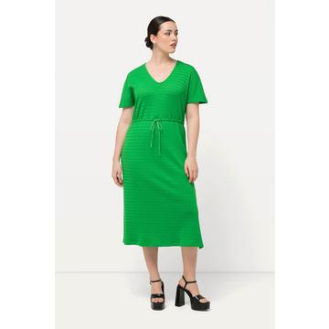 Robe midi en jersey texturé, ligne A, avec décolleté en V et manches courtes