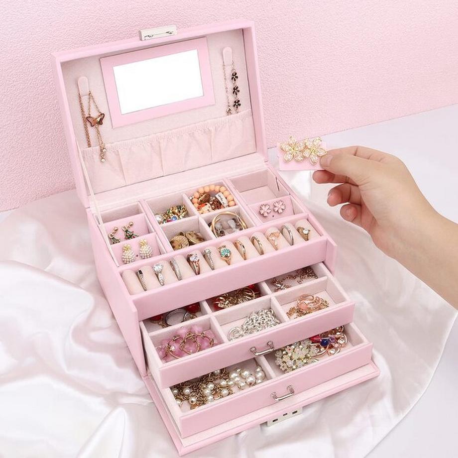 Only-bags.store  Schmuckkästchen, Schmuckkästchen mit Schubladen, PU-Leder-Schmuckkästchen Schmuckkästchen Großer Schmuck Organizer für Ringe Ohrringe Armbänder Halsketten 