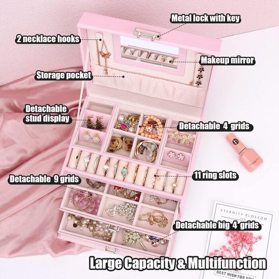 Only-bags.store  Schmuckkästchen, Schmuckkästchen mit Schubladen, PU-Leder-Schmuckkästchen Schmuckkästchen Großer Schmuck Organizer für Ringe Ohrringe Armbänder Halsketten 