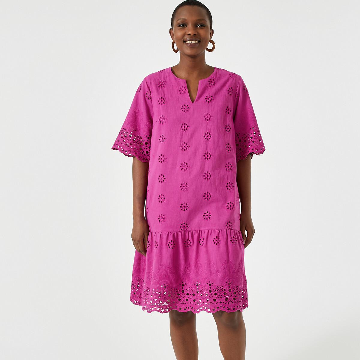Image of Ausgestelltes Kleid Mit Kurzen Ärmeln & Lochstickereien Damen Rosa 50