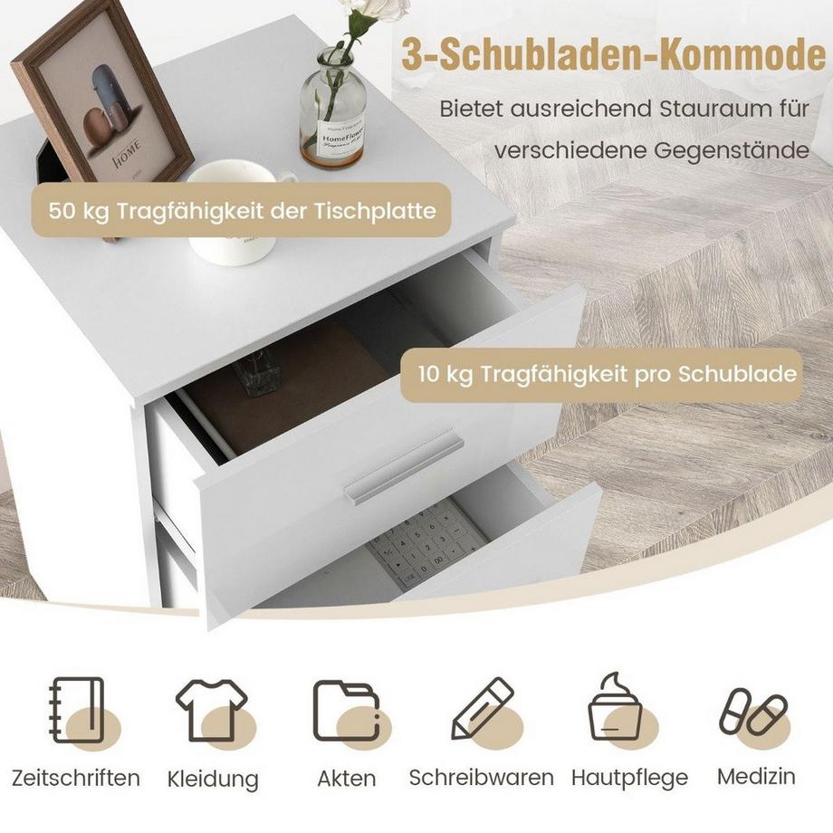Northix Comodino con 3 cassetti comodino lucido 37,1 x 34,2 x 66,5 cm bianco  