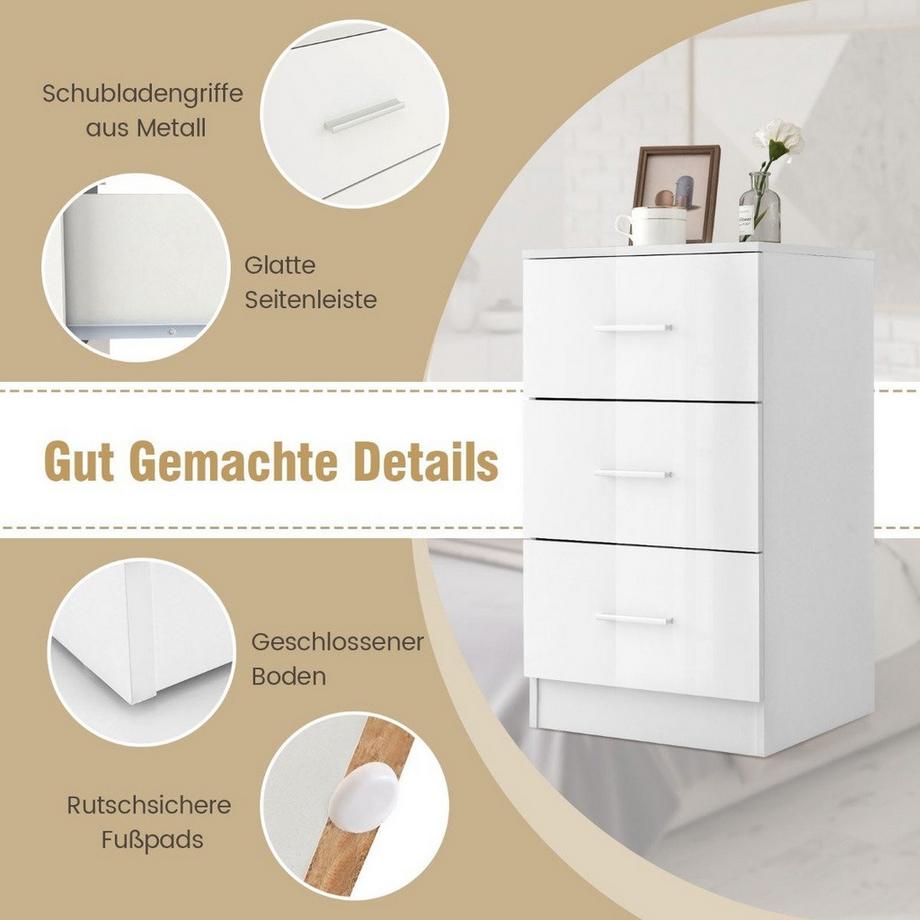 Northix Comodino con 3 cassetti comodino lucido 37,1 x 34,2 x 66,5 cm bianco  