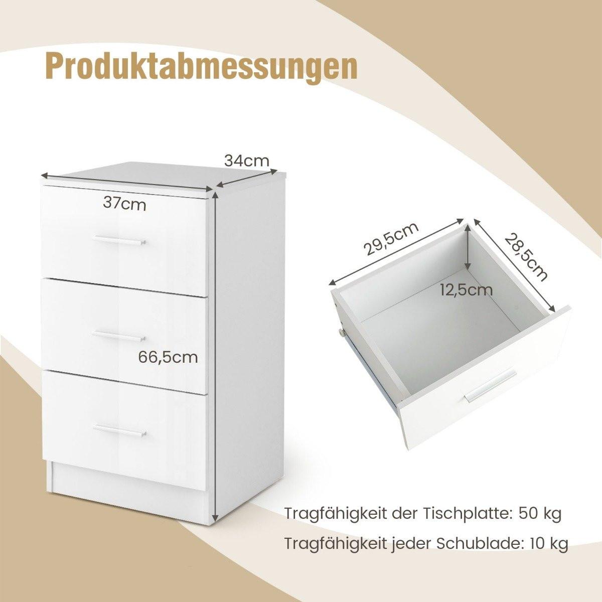 Northix Table de chevet avec 3 tiroirs table de nuit brillant 37,1 x 34,2 x 66,5 cm blanc  