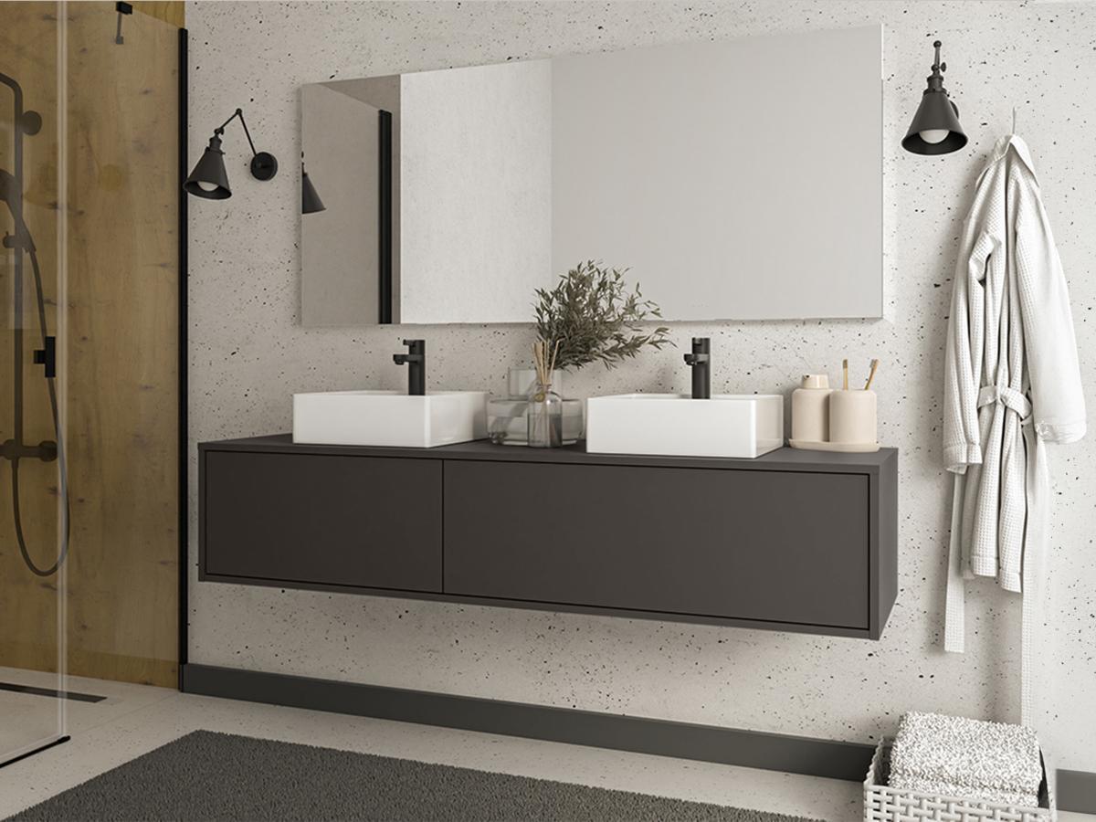 Vente-unique Mobile per bagno sospeso con lavabo doppio L150 cm Antracite - ISAURE II  