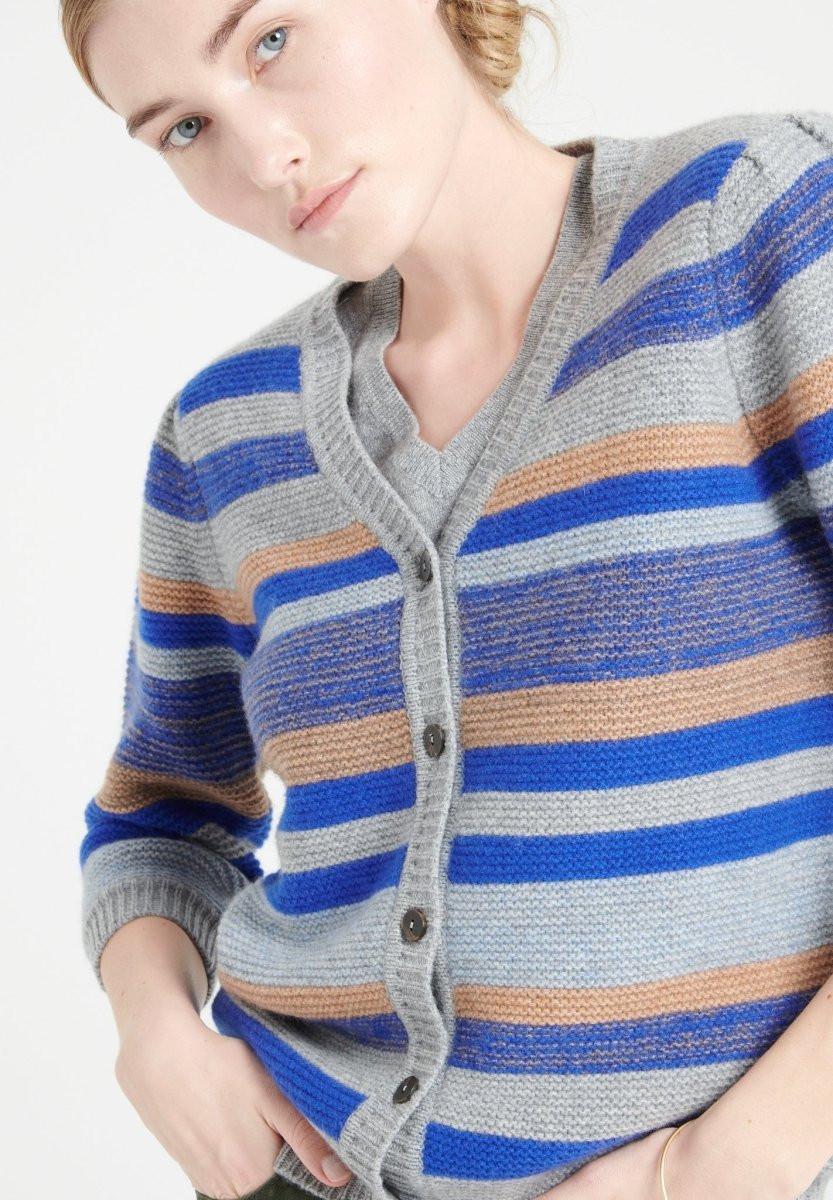 Image of Mia 11 Strickjacke Mit V-ausschnitt Gestreift 6 Fäden - 100% Kaschmir Unisex Multicolor S