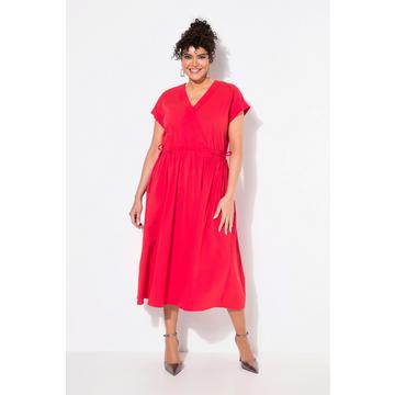 Maxi abito in popeline con tasche, scollo a V e mezze maniche