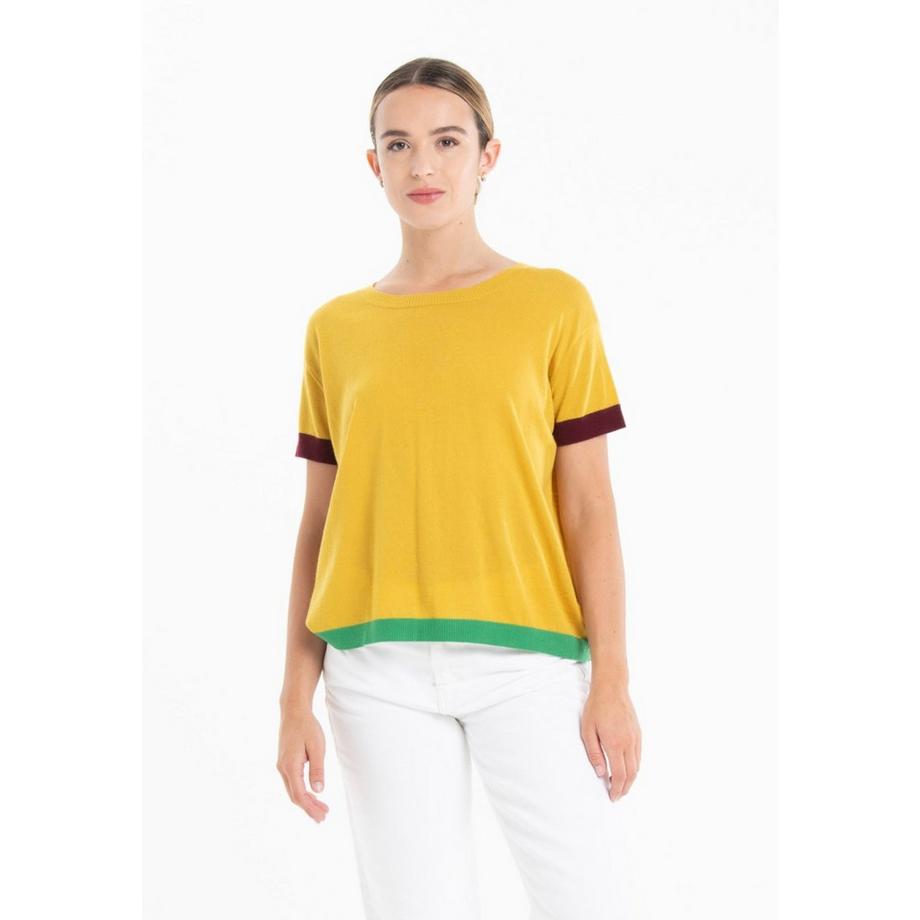 T-Shirt mit Rundhalsausschnitt und kurzen Ärmeln, dreifarbig, ultrafeines 2-Faden-Gewebe aus Kaschmir und Wolle