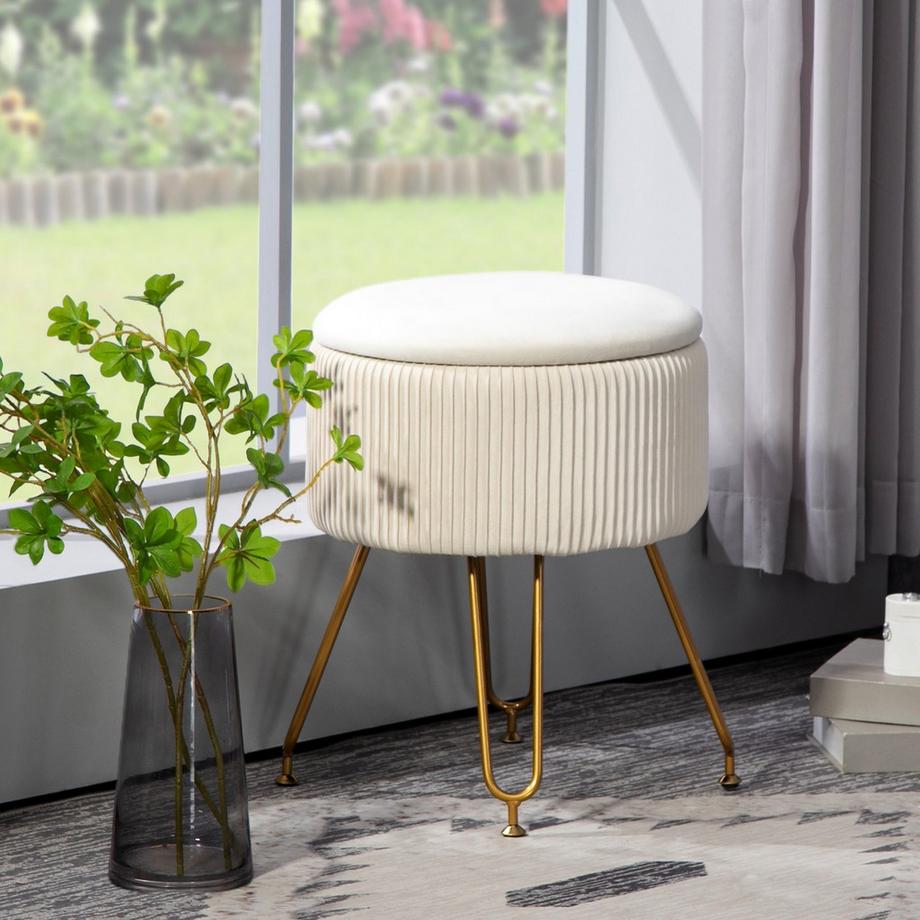 Northio Panca con vano portaoggetti, panca imbottita 2 in 1 con coperchio, panca da letto con effetto velluto, per corridoio, camera da letto, soggiorno, struttura in acciaio, Ø40 x 48 cm bianco crema  
