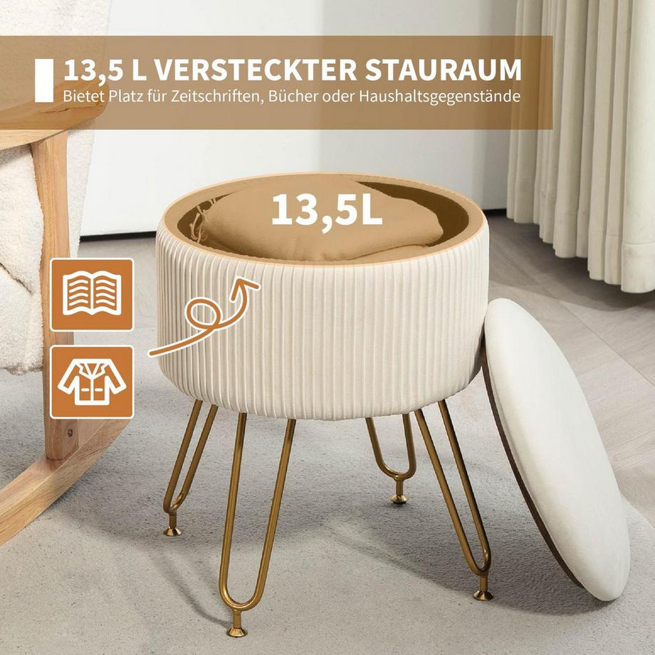 Northio Panca con vano portaoggetti, panca imbottita 2 in 1 con coperchio, panca da letto con effetto velluto, per corridoio, camera da letto, soggiorno, struttura in acciaio, Ø40 x 48 cm bianco crema  