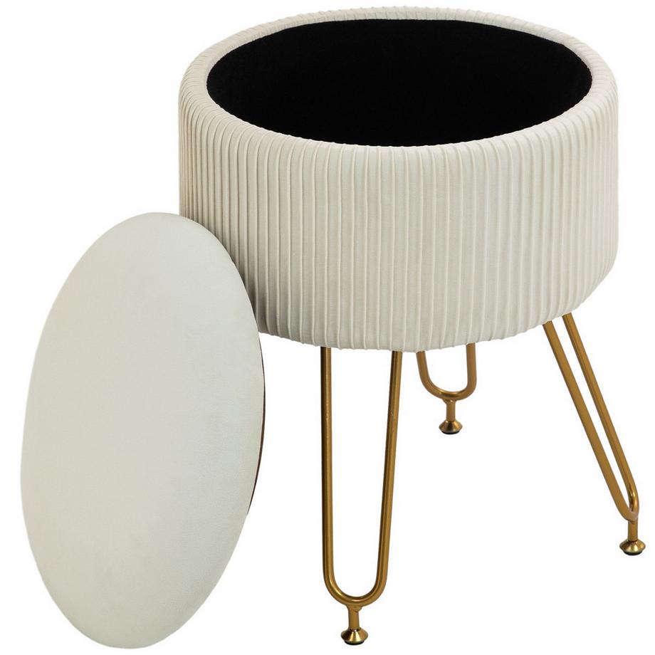 Panca con vano portaoggetti, panca imbottita 2 in 1 con coperchio, panca da letto con effetto velluto, per corridoio, camera da letto, soggiorno, struttura in acciaio, Ø40 x 48 cm bianco crema