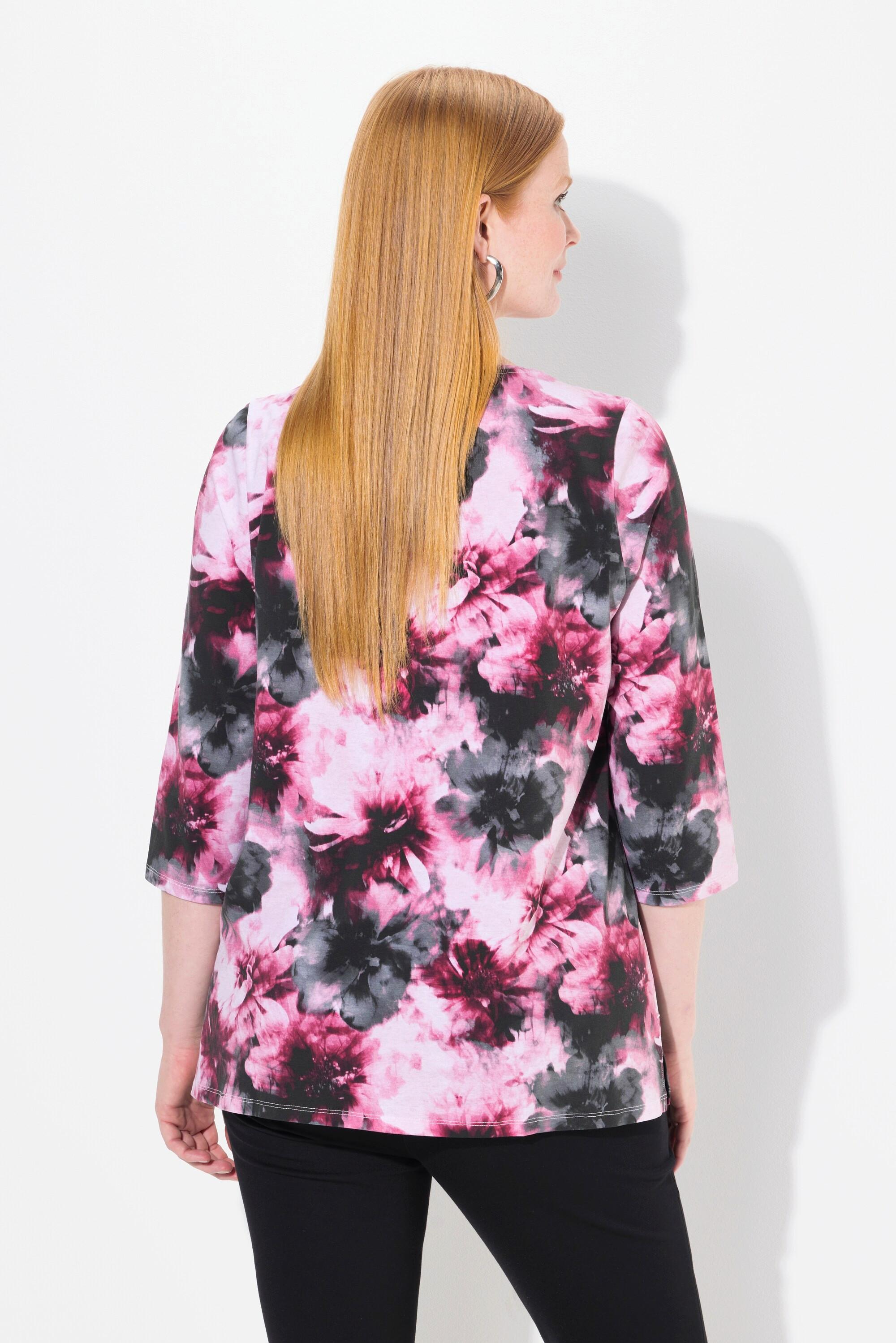 Ulla Popken Maglia floreale scollo rotondo maniche 3/4 cotone Pima  