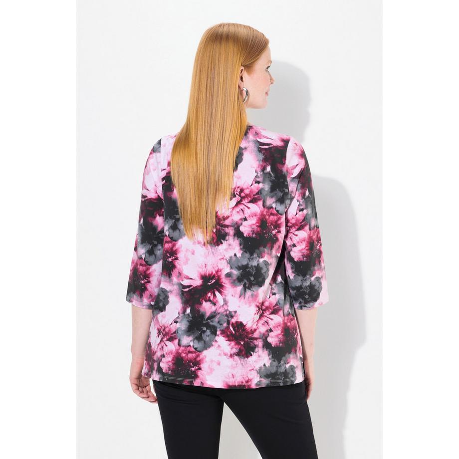 Ulla Popken T-shirt floral col rond manches 3/4 coton Pima  