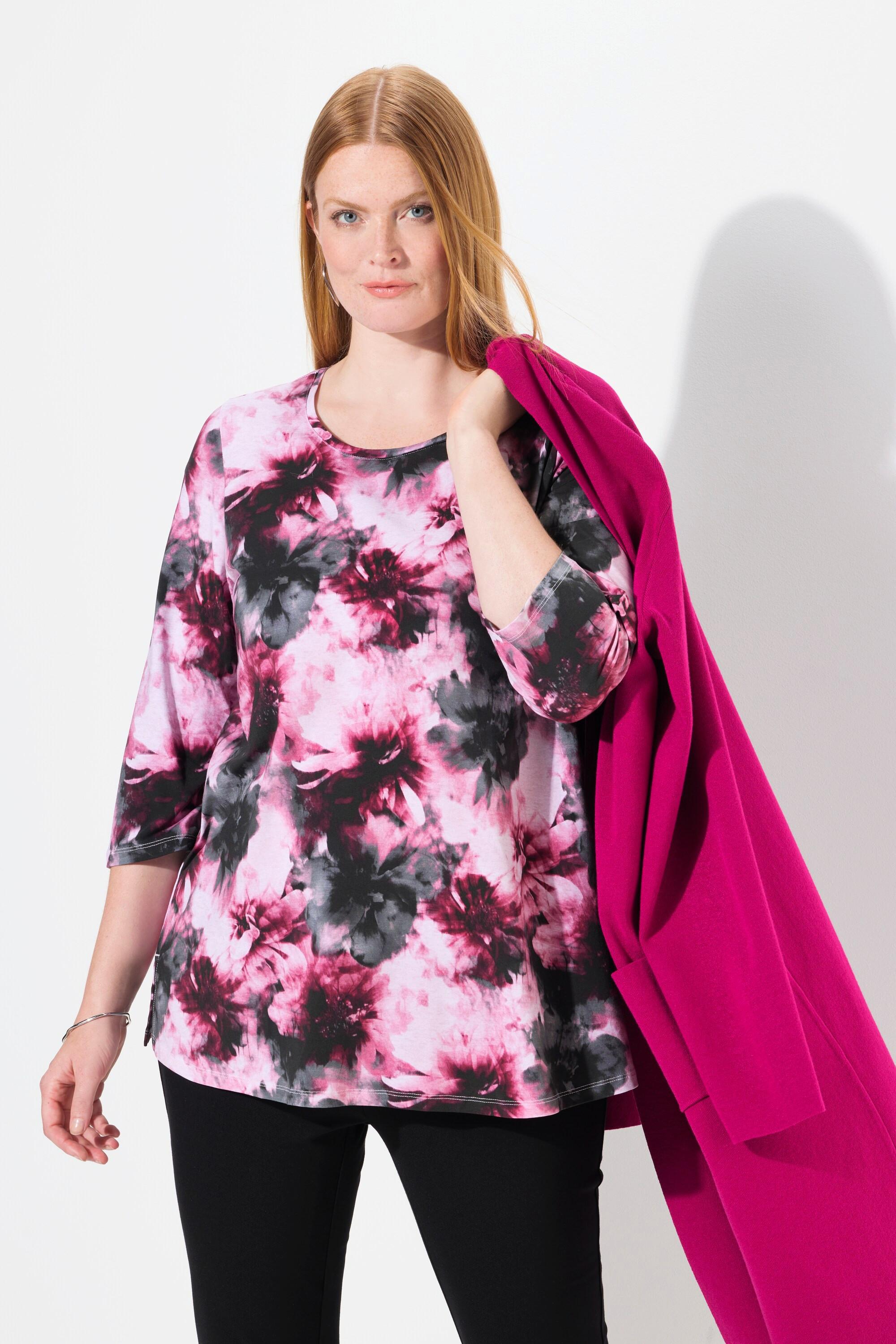 Ulla Popken Maglia floreale scollo rotondo maniche 3/4 cotone Pima  