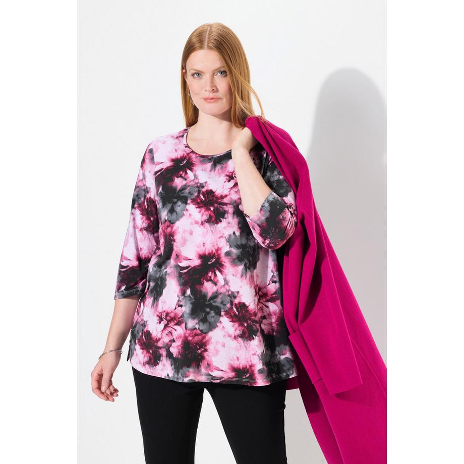 Ulla Popken T-shirt floral col rond manches 3/4 coton Pima  