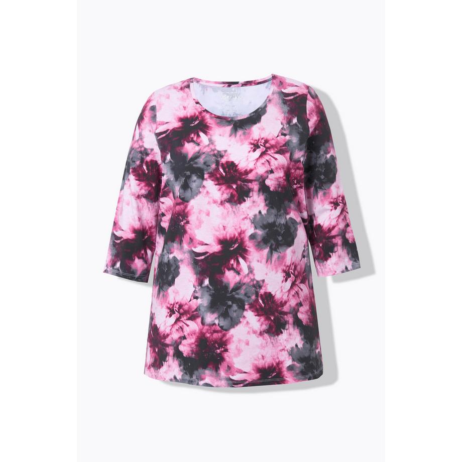 Ulla Popken T-shirt floral col rond manches 3/4 coton Pima  