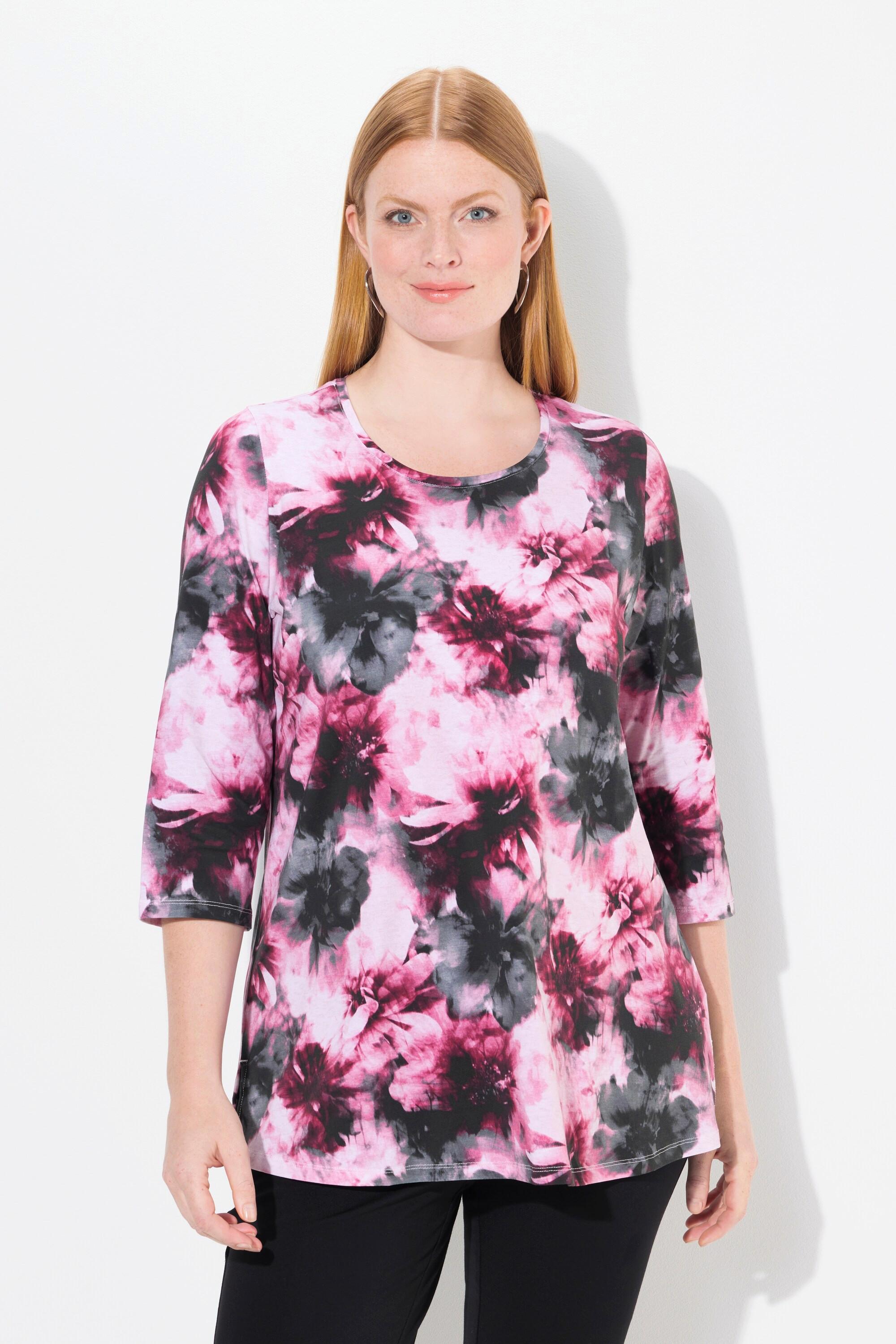 Ulla Popken Maglia floreale scollo rotondo maniche 3/4 cotone Pima  