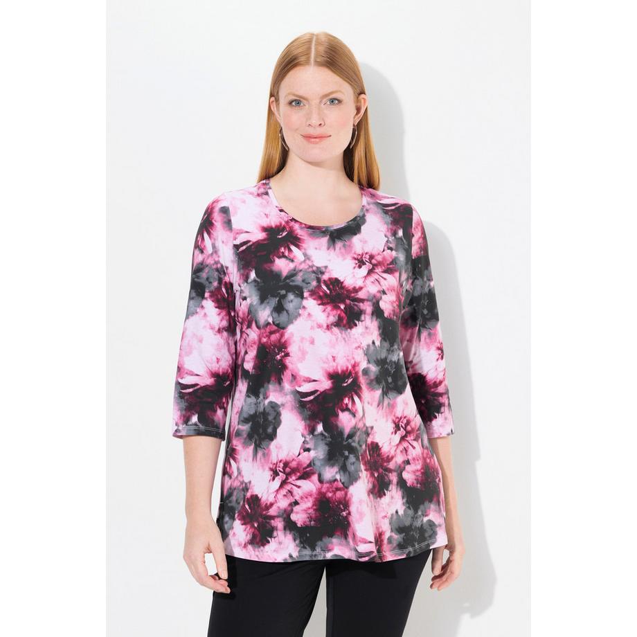 Ulla Popken T-shirt floral col rond manches 3/4 coton Pima  