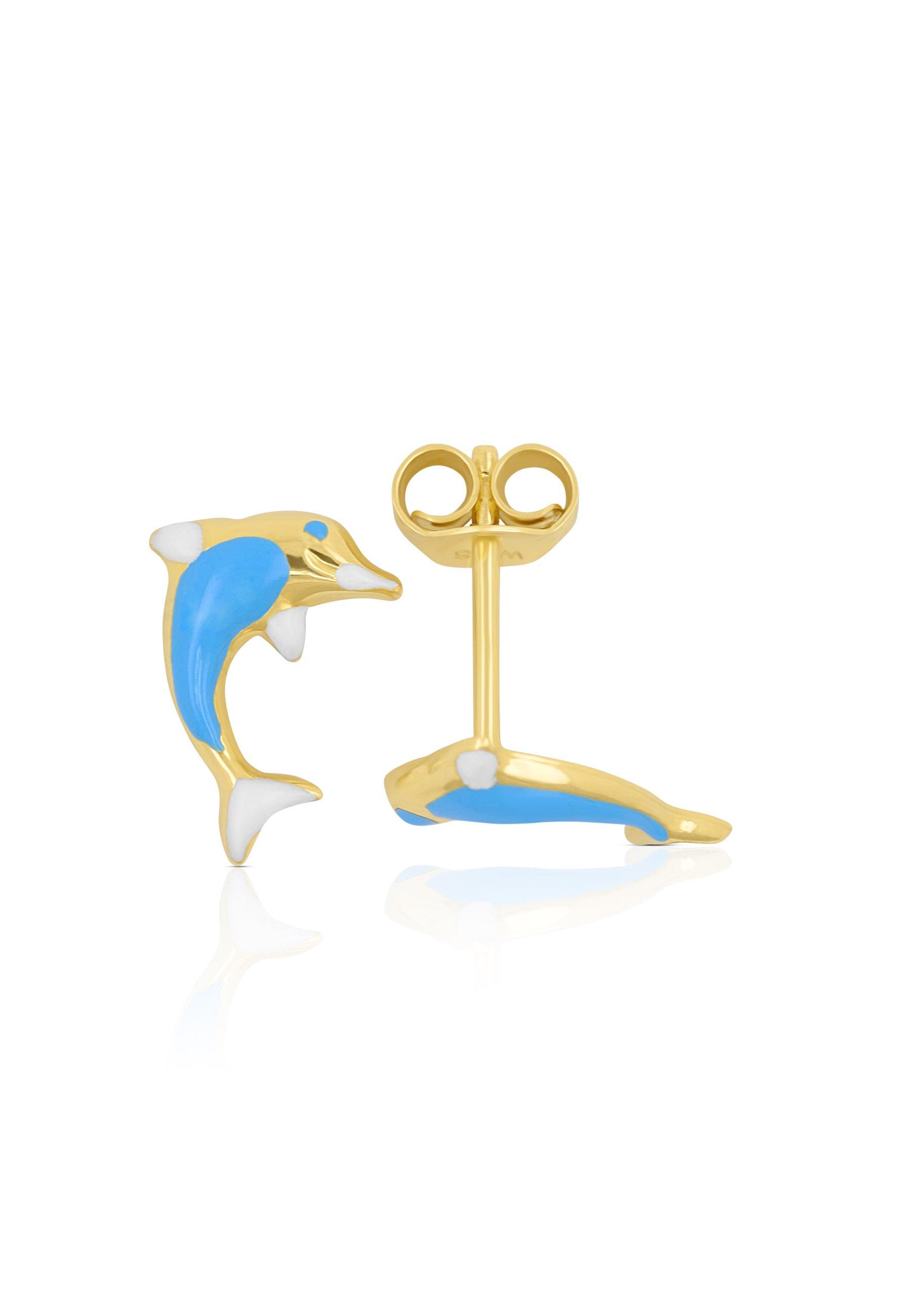 MUAU Schmuck  Clous d'oreilles Dauphins or jaune 750 bleu clair/blanc 11mm 