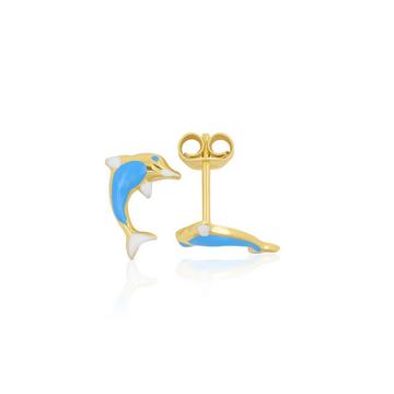 Clous d'oreilles Dauphins or jaune 750 bleu clair/blanc 11mm