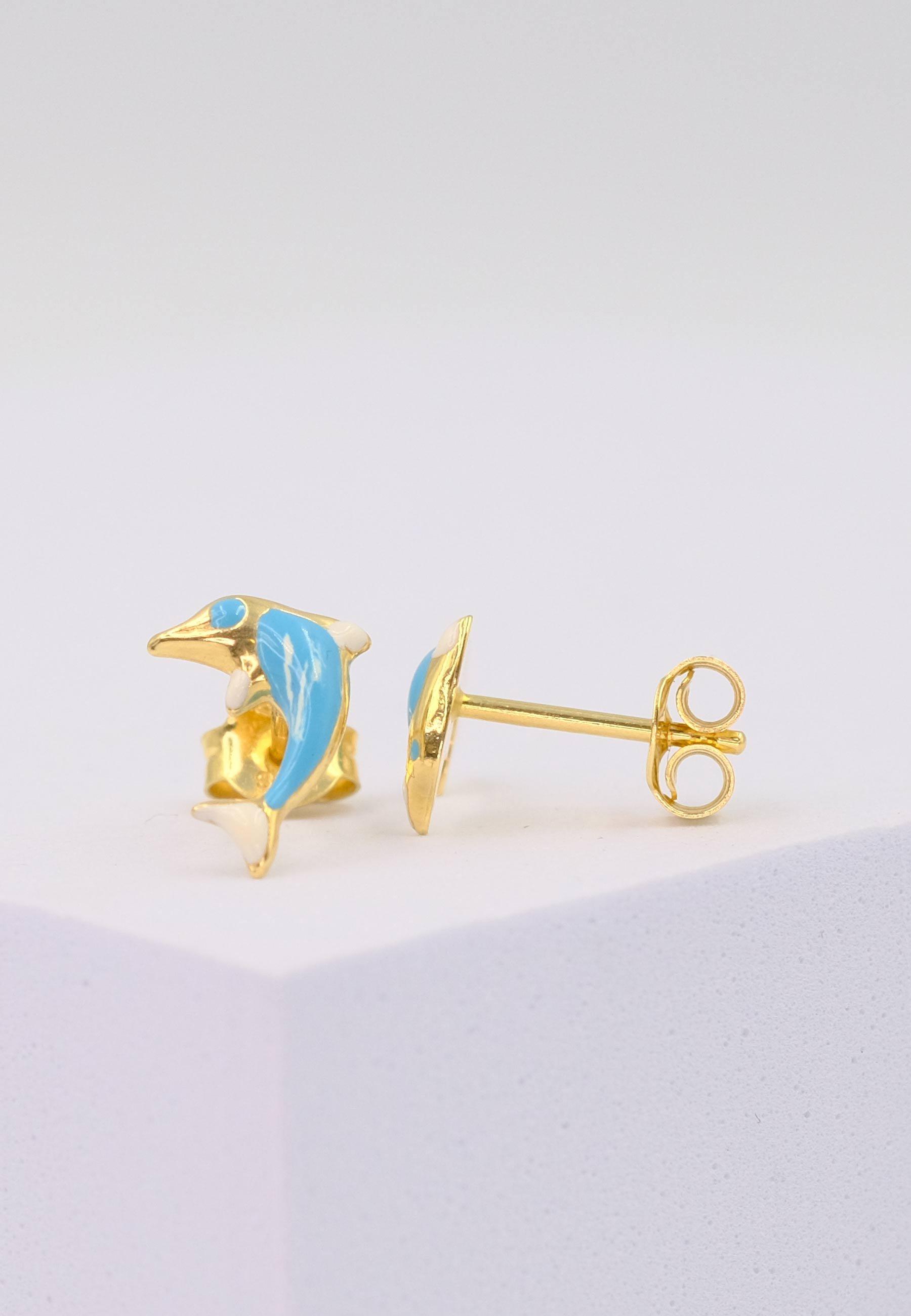 MUAU Schmuck  Clous d'oreilles Dauphins or jaune 750 bleu clair/blanc 11mm 