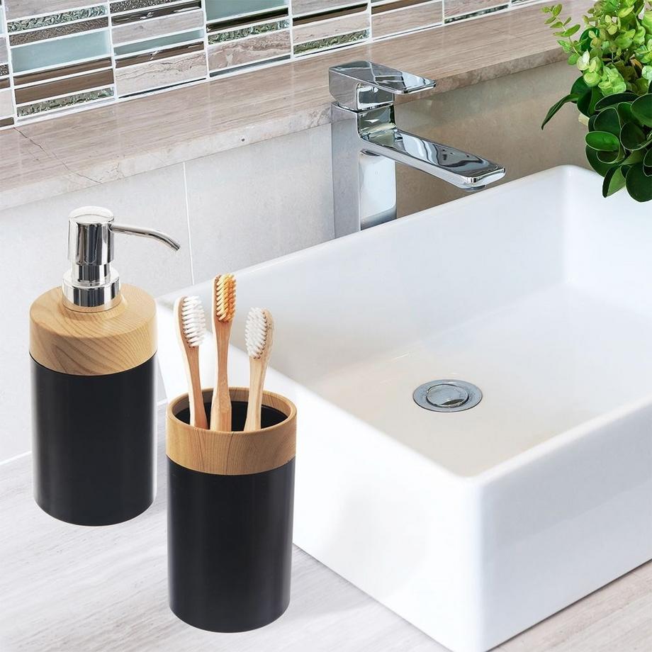 Orion  Gobelet à brosse à dents en plastique noir avec détails en bois 