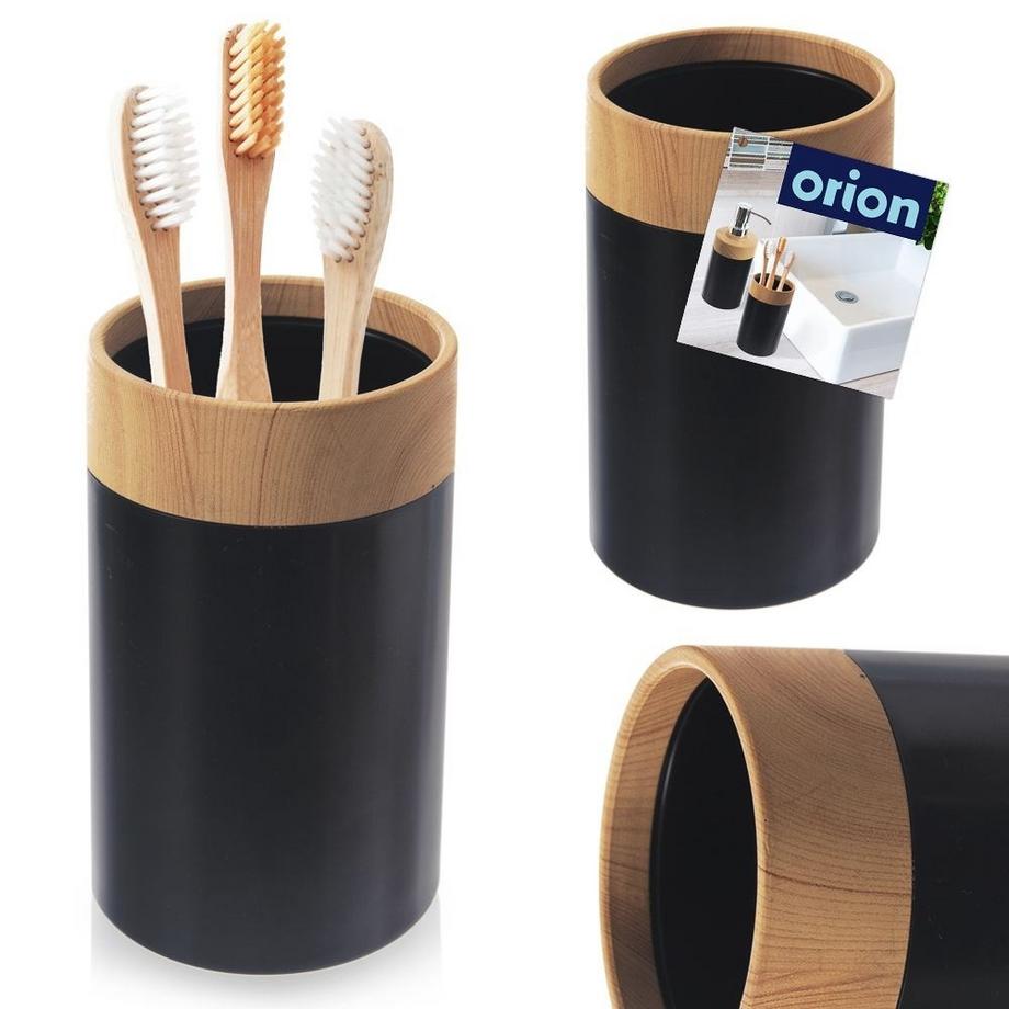 Orion  Gobelet à brosse à dents en plastique noir avec détails en bois 