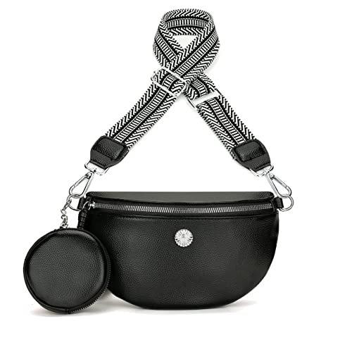 Image of Stylish Fanny Pack Crossbody Bag Wide Strap Handbag Shoulder Bag Small Fanny Pack Modern Bags Vegan Damen Schwarz
