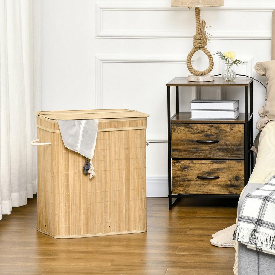 Northio Panier à linge en bambou avec couvercle et poignées, capacité 90 litres avec 2 sections et un sac en tissu amovible - 54,2 x 35,2 x 59,5 cm  