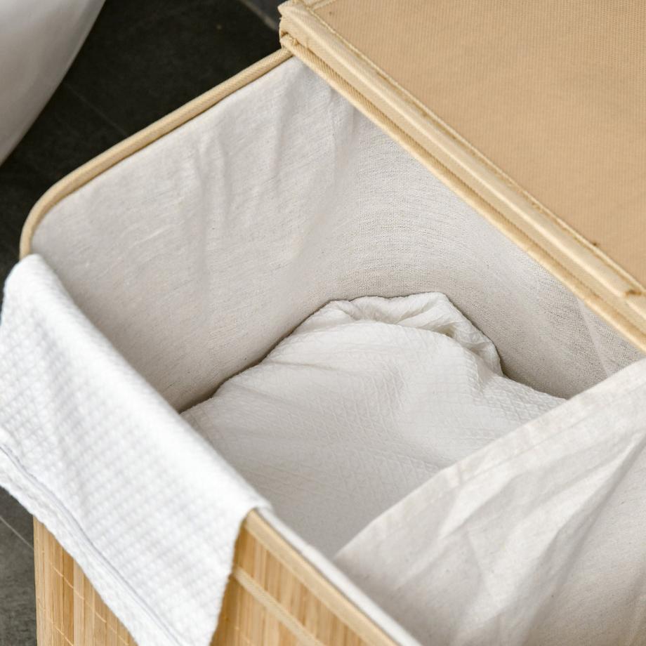 Northio Panier à linge en bambou avec couvercle et poignées, capacité 90 litres avec 2 sections et un sac en tissu amovible - 54,2 x 35,2 x 59,5 cm  