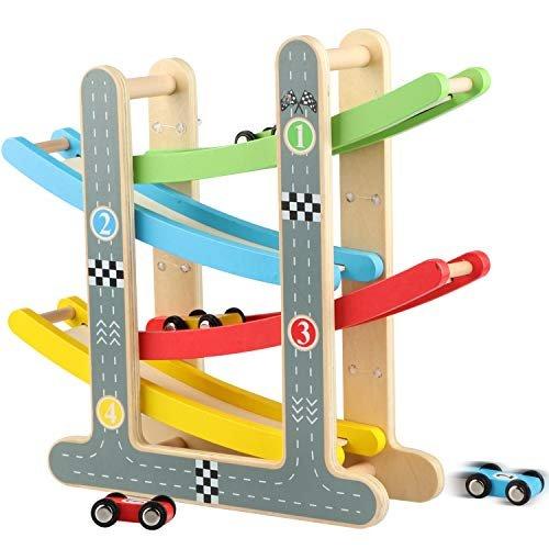 Activity-board  Spielzeug-Autobahn-Set mit 4 Mini-Autos Rennbahn Holz-Rennbahn 