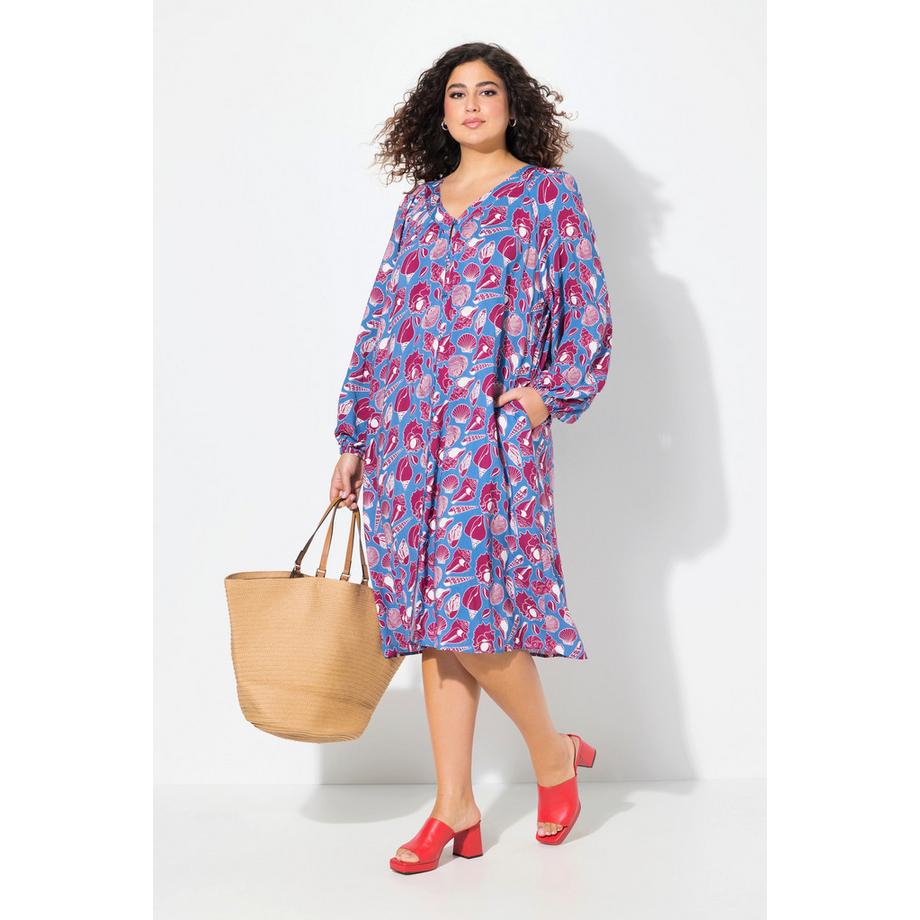Ulla Popken Abito Midi Oversize Maniche Lunghe Scollo a V Stampa Conchiglie  
