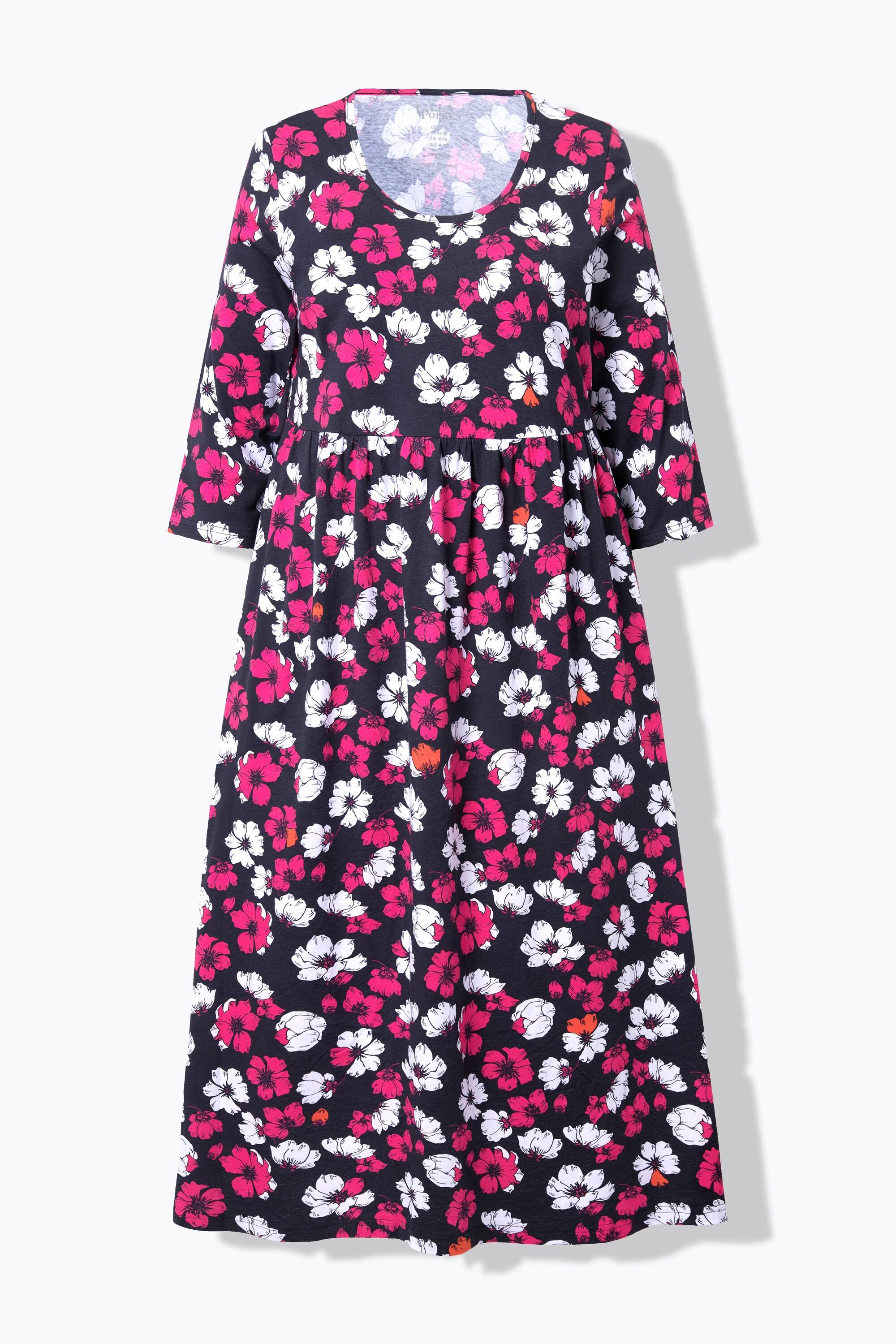 Ulla Popken  Jerseykleid, Blüten, A-Linie, Runhals, 3/4-Arm, Taschen 