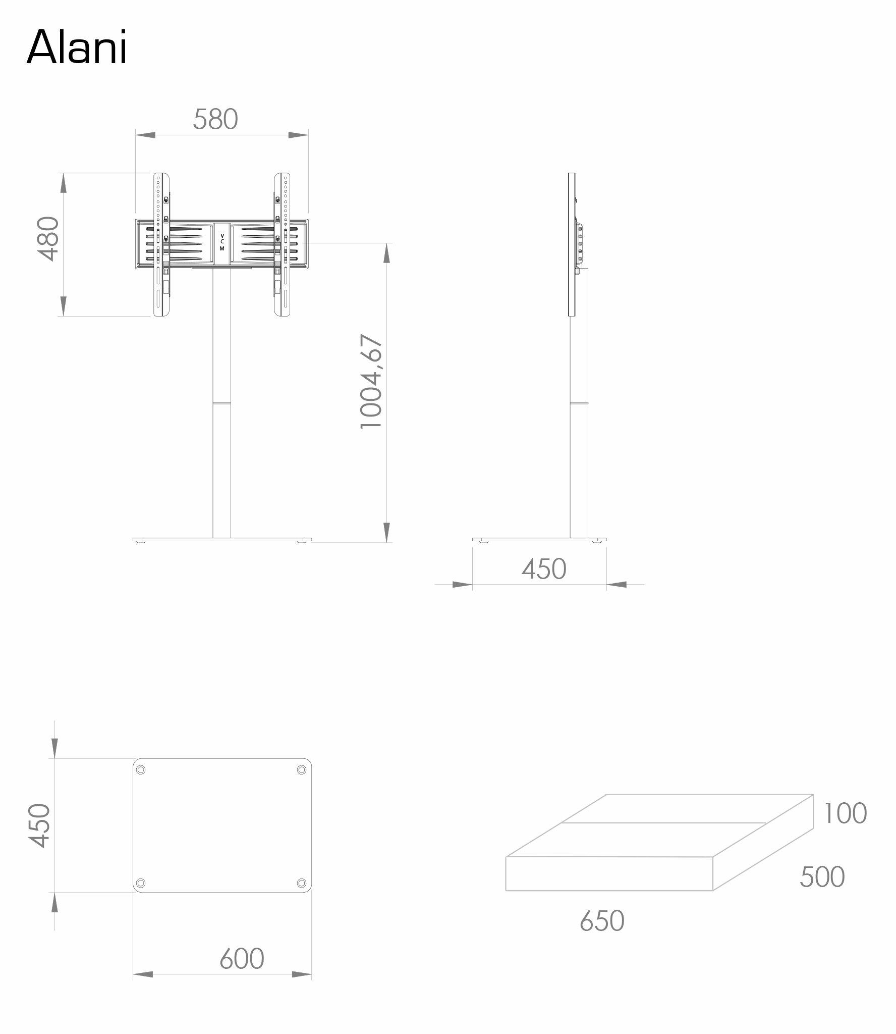 VCM TV Standfuß | Alu Fernseh Ständer | ESG-Sicherheitsglas | Maße ca. H. 100 x B. 60 x T. 45 cm - Alani  