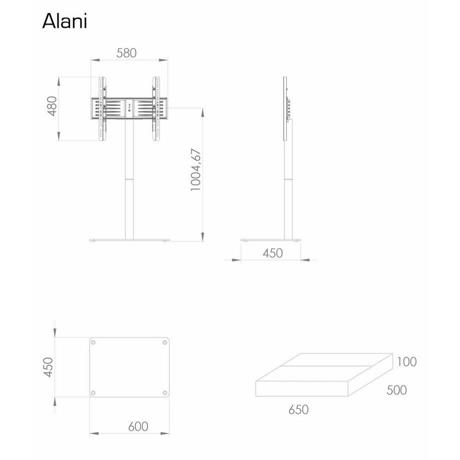 VCM TV Standfuß | Alu Fernseh Ständer | ESG-Sicherheitsglas | Maße ca. H. 100 x B. 60 x T. 45 cm - Alani  