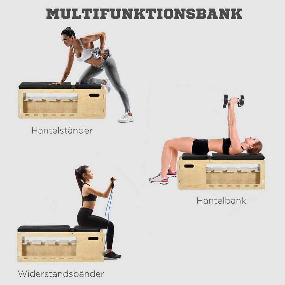 Northio Hantelbank, Trainingsbank Mit Aufbewahrungsbox Und Widerstandsbändern, Verstellbare Fitnessbank Für Gewichtheben, Krafttraining, Massivholz  