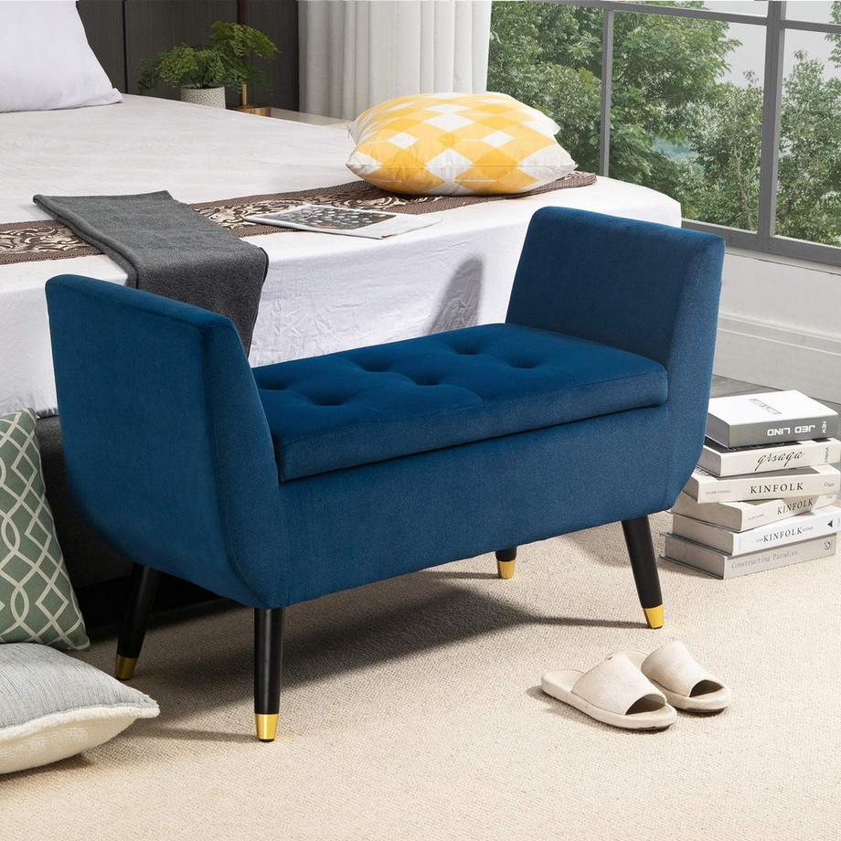 Northio Banc De Luxe Avec Espace De Rangement Banc Rembourré En Polyester Velouté Bleu, Bois D'Hévéa, Avec Accoudoirs, 107X42X65Cm  