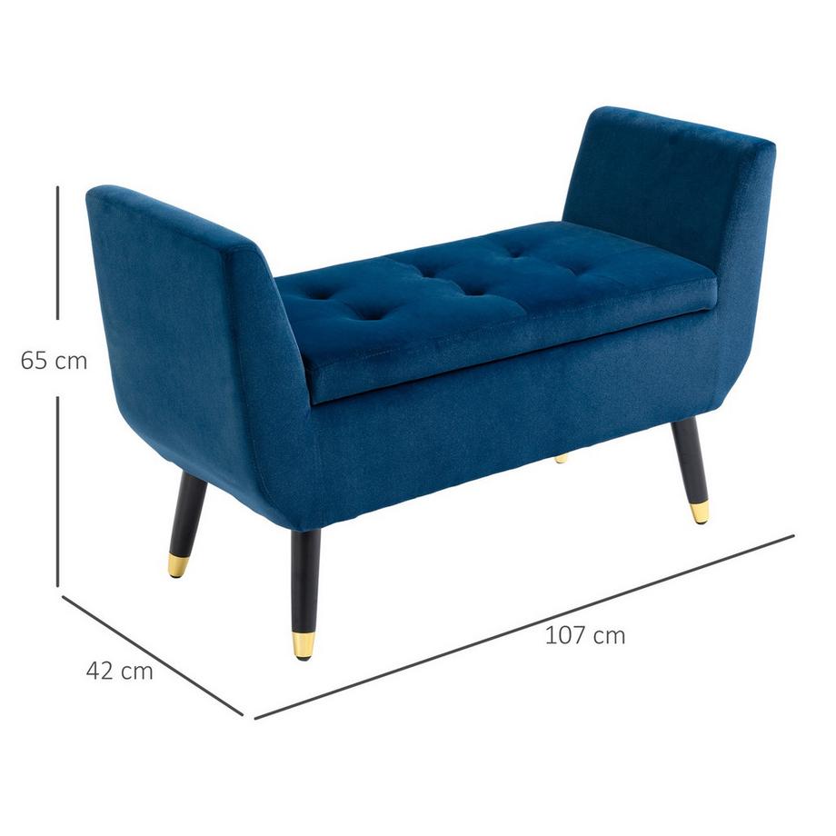 Northio Banc De Luxe Avec Espace De Rangement Banc Rembourré En Polyester Velouté Bleu, Bois D'Hévéa, Avec Accoudoirs, 107X42X65Cm  