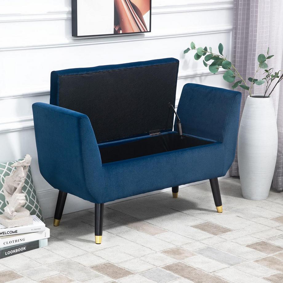 Northio Banc De Luxe Avec Espace De Rangement Banc Rembourré En Polyester Velouté Bleu, Bois D'Hévéa, Avec Accoudoirs, 107X42X65Cm  