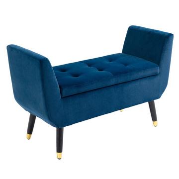 Luxus Sitzbank Mit Stauraum Polsterbank In Blau, Samtartiges Polyester, Gummiholz, Mit Armlehnen, 107X42X65Cm